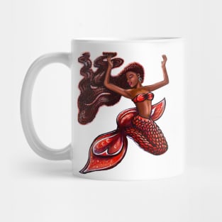 Mermaid with red fins, red locs Afro hair and brown skin. African American Mermaids Mug